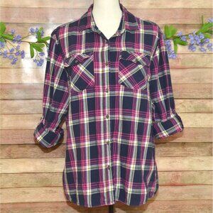 Magellan Outdoors Cotton Plaid Button Up Flannel Shirt Size 2XL Roll Tab Sleeves